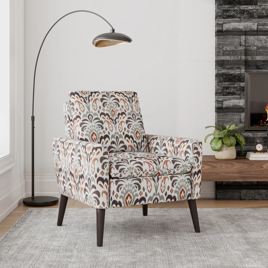 Enna Accent Arm Chair in Amber Damask Pattern with Dark Brown Solid Wood Legs For Living Room