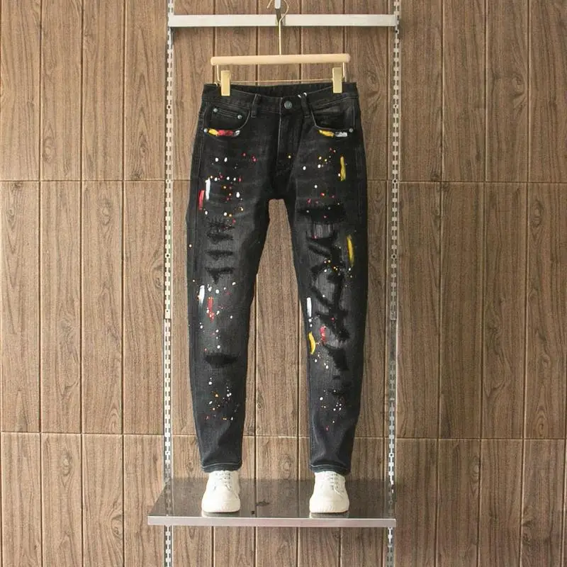Fall 2026 Men's Daily Casual Trousers Black Ink Splash Print Denim Stretch Slim Straight Jeans American Style For Men