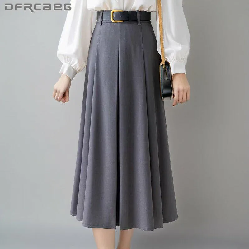 

Gray Elegant Casual Woman A-Line Skirt With Belt 2024 Summer Office Work Wear Big Swing Pleated Long Skirts Female