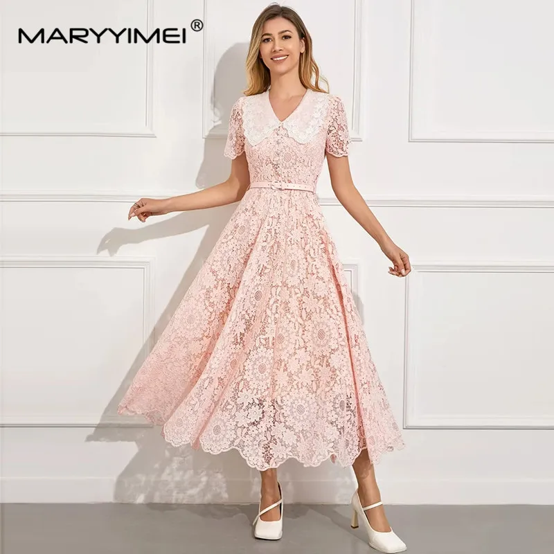 

MARYYIMEI Fashion Spring Summer Women's dress Peter pan Collar Short sleeved Hollow embroidery Vintage elegant Lace up Dresses
