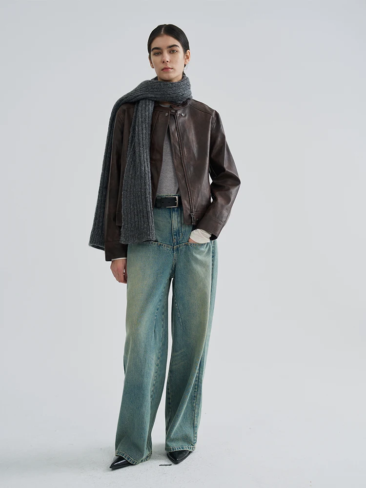 เสื้อแจ็คเก็ตหนังสไตล์เรโทร คอตั้ง แบรนด์ Goffrid บุผ้าฝ้าย สำหรับผู้หญิง ฤดูใบไม้ผลิ ฤดูใบไม้ร่วง เป็นมิตรกับสิ่งแวดล้อม กันลม