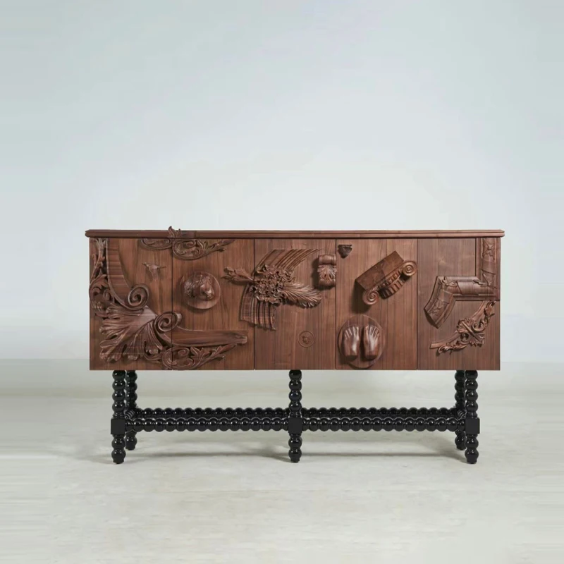 

Retro solid wood carving flower dining side cabinet medieval silent wind relief locker household foyer porch cabinet storage