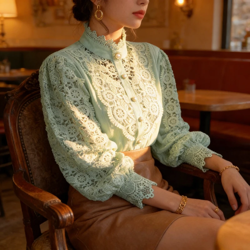 

Французская свободная рубашка с длинным рукавом, воротником-стойкой, кружевными вставками и вышивкой в виде цветов, в стиле Heavy Industry