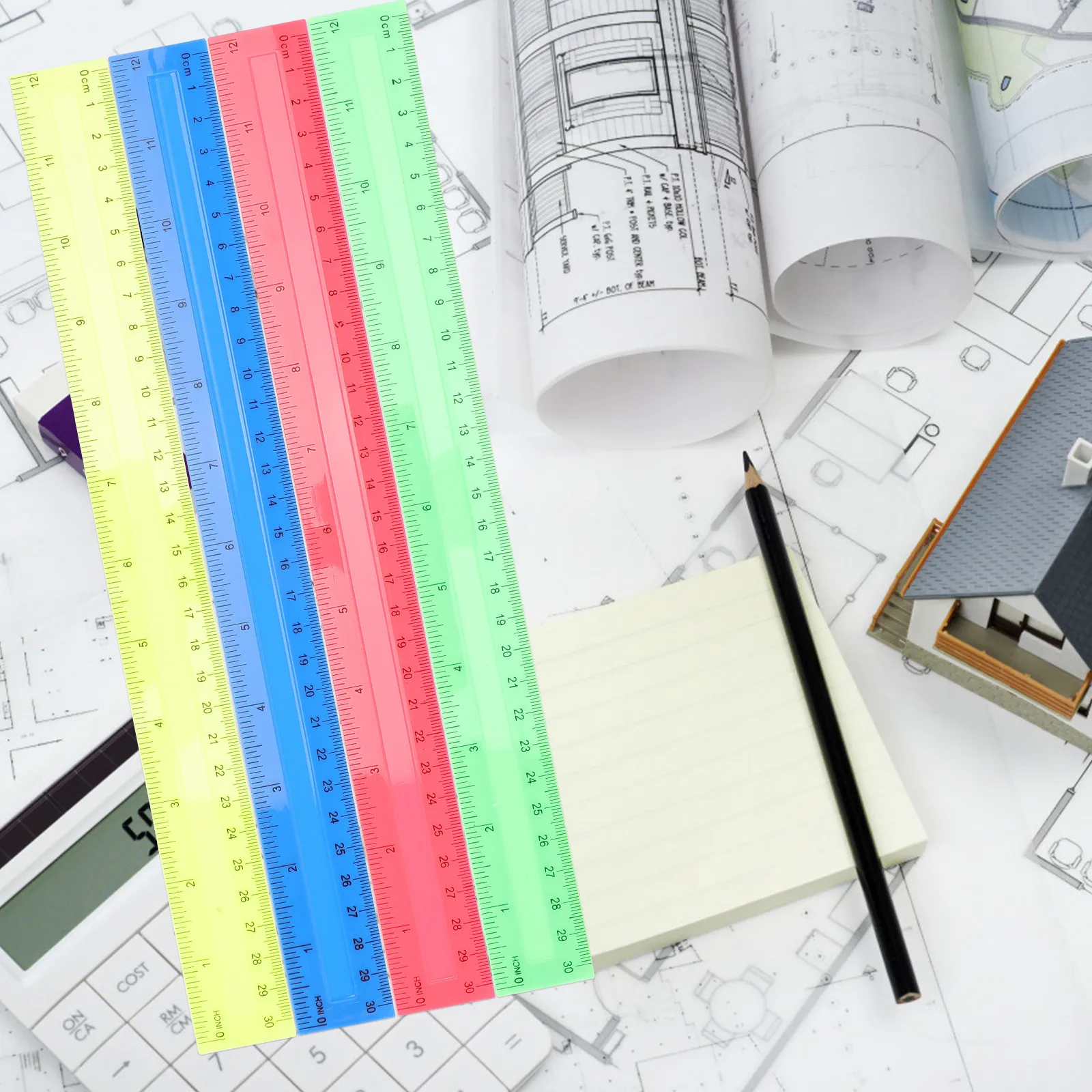 8Pcs 12 Inch 30Cm Plastic Colored Straight Rulers Dual Scale Inch Centimeter Measuring Tool for Math Class Design Architecture