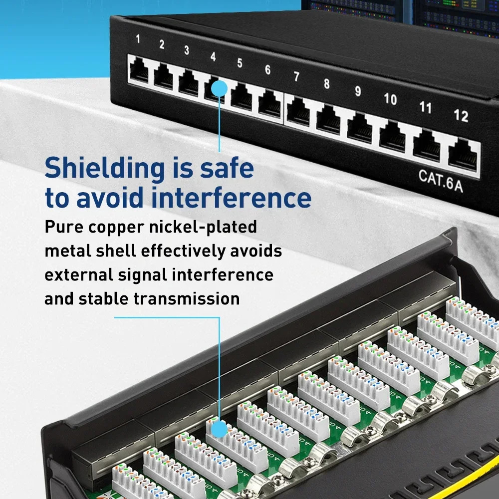 ZoeRax 10Gbps CAT6a パッチパネル 8/12 ポート 1U デスクトップ & 壁取り付けシールド付き RJ45 ソケット LAN ネットワーク設置ケーブル