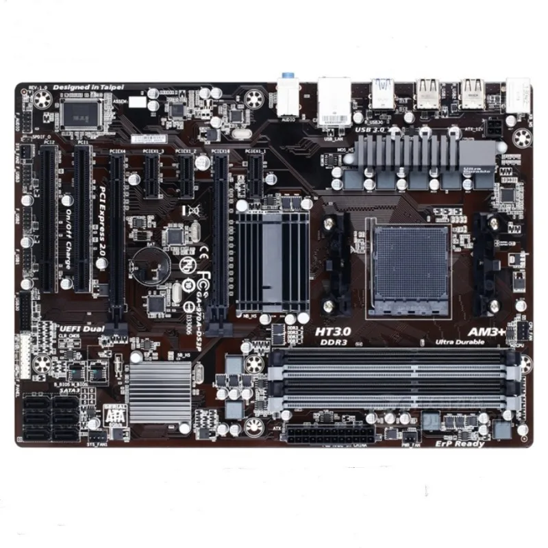 970A-DS3P motherboard, 970 4 x DDR3 32GB supports AM3+/AM3 interface processors 12 x USB2.0, 4 x USB3.0, 6 x SATA III interfaces