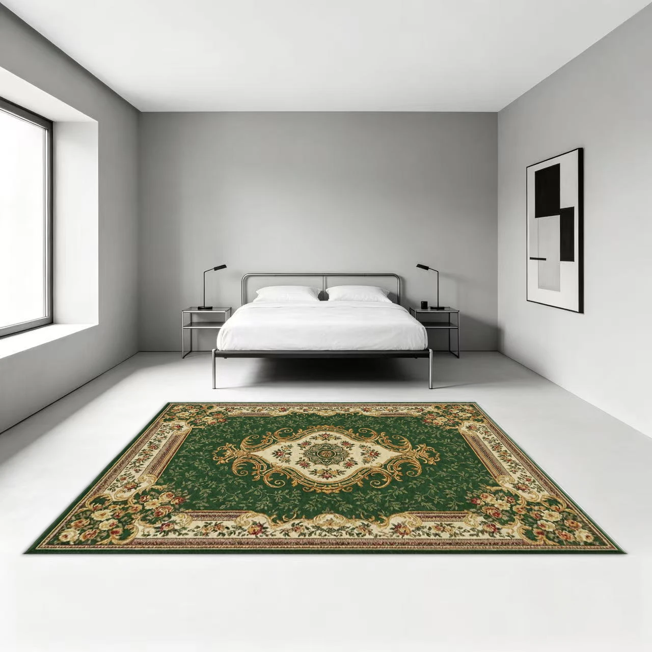 Dark Green European Floral Square Area Rug Luxury Ornate Border Printed Floor Carpet for Living Room Bedroom Home Decor