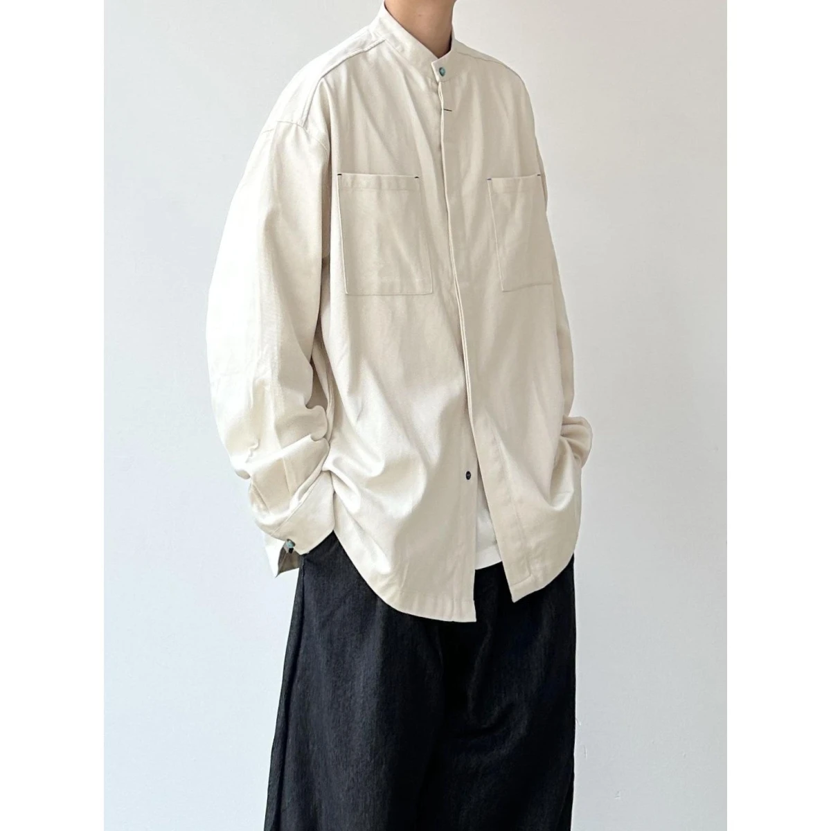 Loose Casual Long Sleeve Shirt Men's Spring Autumn Pure Color Stand Collar Classic Style Fashionable Outerwear Coat Jacket