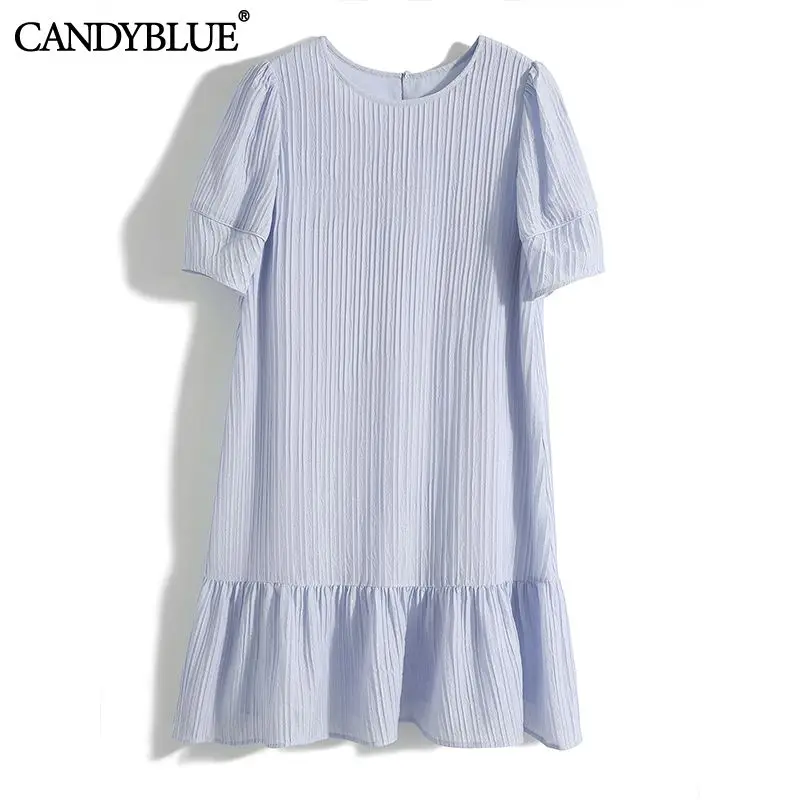 

Blue Solid Round-Neck Folds Chiffon Women's Dress Short Sleeve Fishtail Hem Elegant Knee-Length Summer Dresses For Women 2022