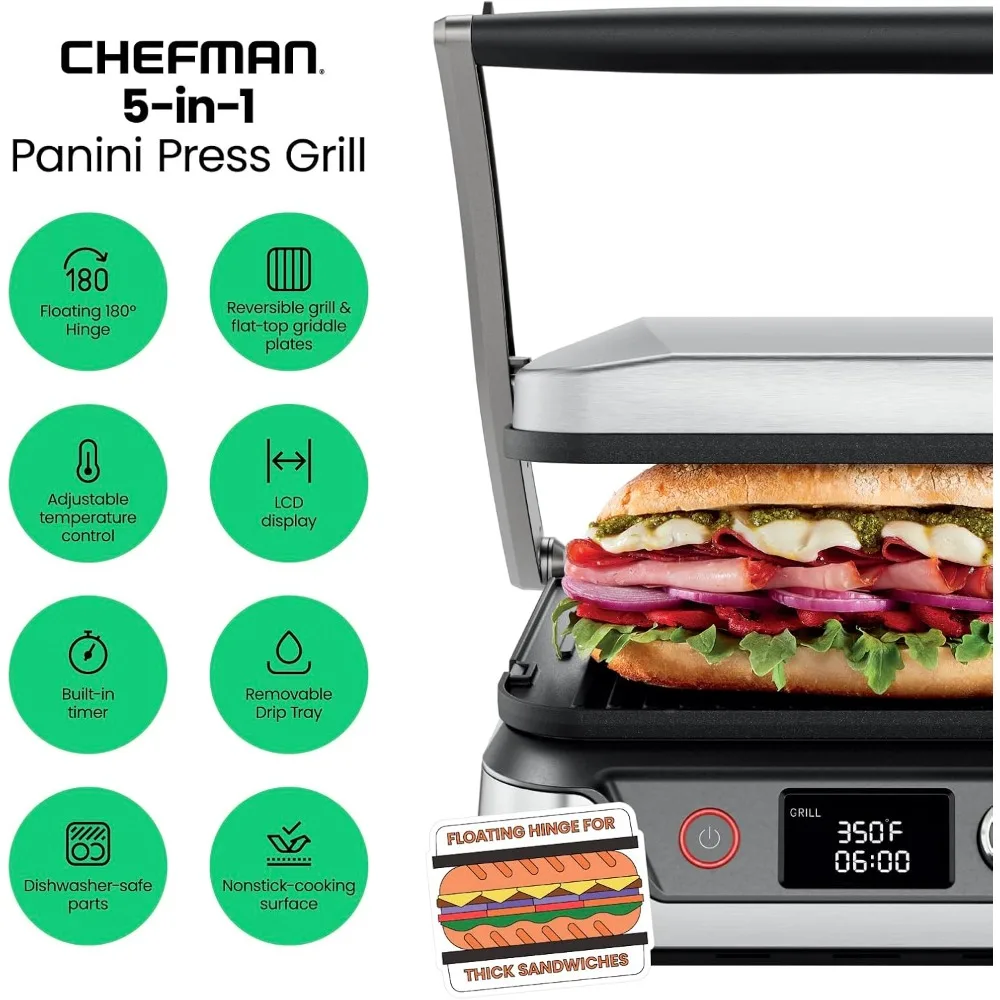 5-in-1 Digital Panini Press Grill Sandwich Maker and Griddle Grill Combo with Removable, Reversible Dishwasher-Safe Plates