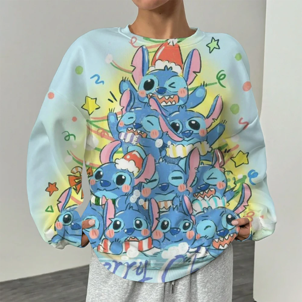 New Merry Christmas Disney Stitch and Mickey Minnie Fall Harajuku Crew Neck Casual Women's/Men's Long Sleeve Sweatshirt Top Y2K