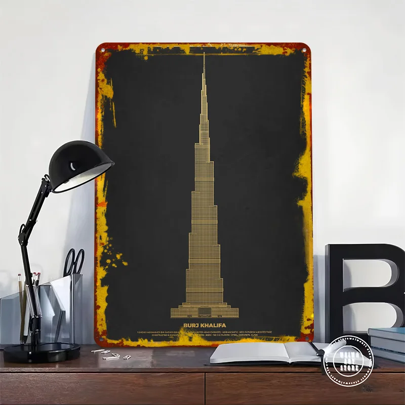 Burj Khalifa Gold Metal Poster Customized Wall Art Retro Vintage Tinplate Signs for Garage Decoration Room Bathroom Decor Home