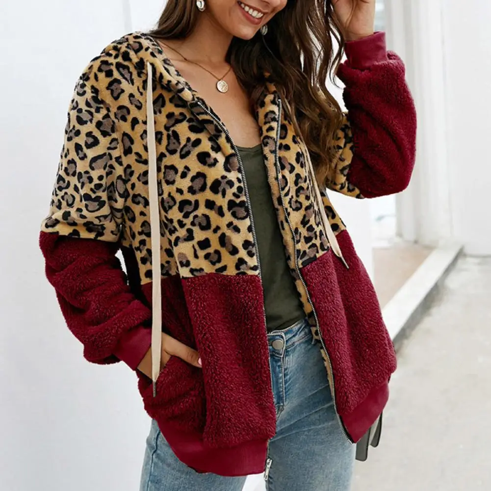 Fluffy Jacket Women Autumn Winter Jackets Leopard Print Color Block Female Jacket Plush Hoodies Sweatshirts Hooded Outwear