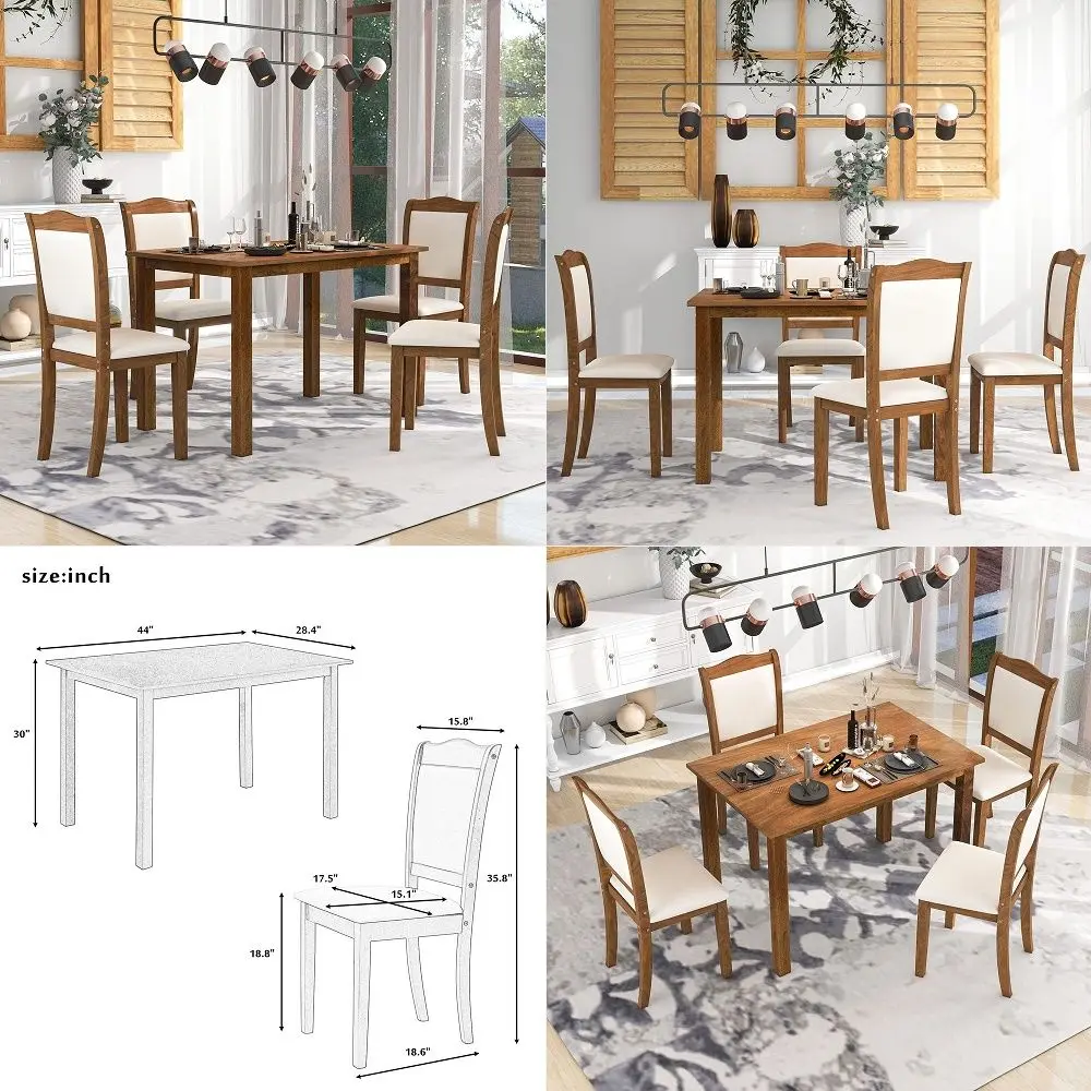 

Minimalist Style 5Piece Solid Wood Dining Table Set, Rectangular Dining Table with 4 Upholstered Chairs, Easy to Assemble Suita