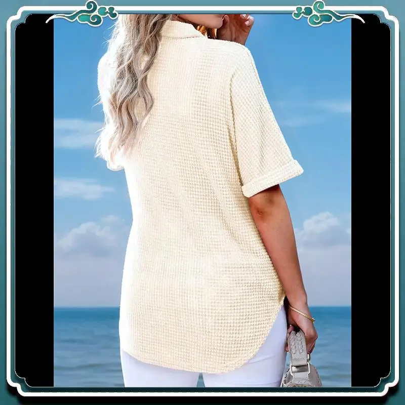 A65G-Women Waffle Knit Tops Henley Shirts Short Sleeve V Neck Solid Color Casual Tunic