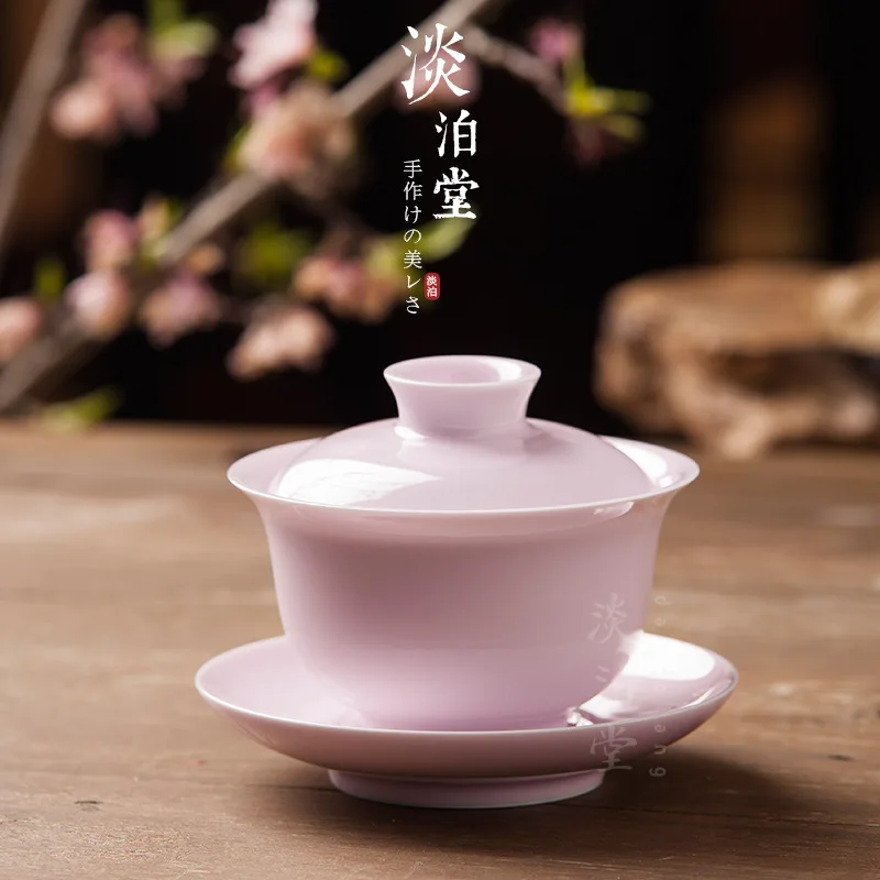 Jingdezhen Handmade High Temperature Color Glaze Peach Pink Gaiwan White Porcelain Egg-Shell Tea Brewing Bowl Quality Style