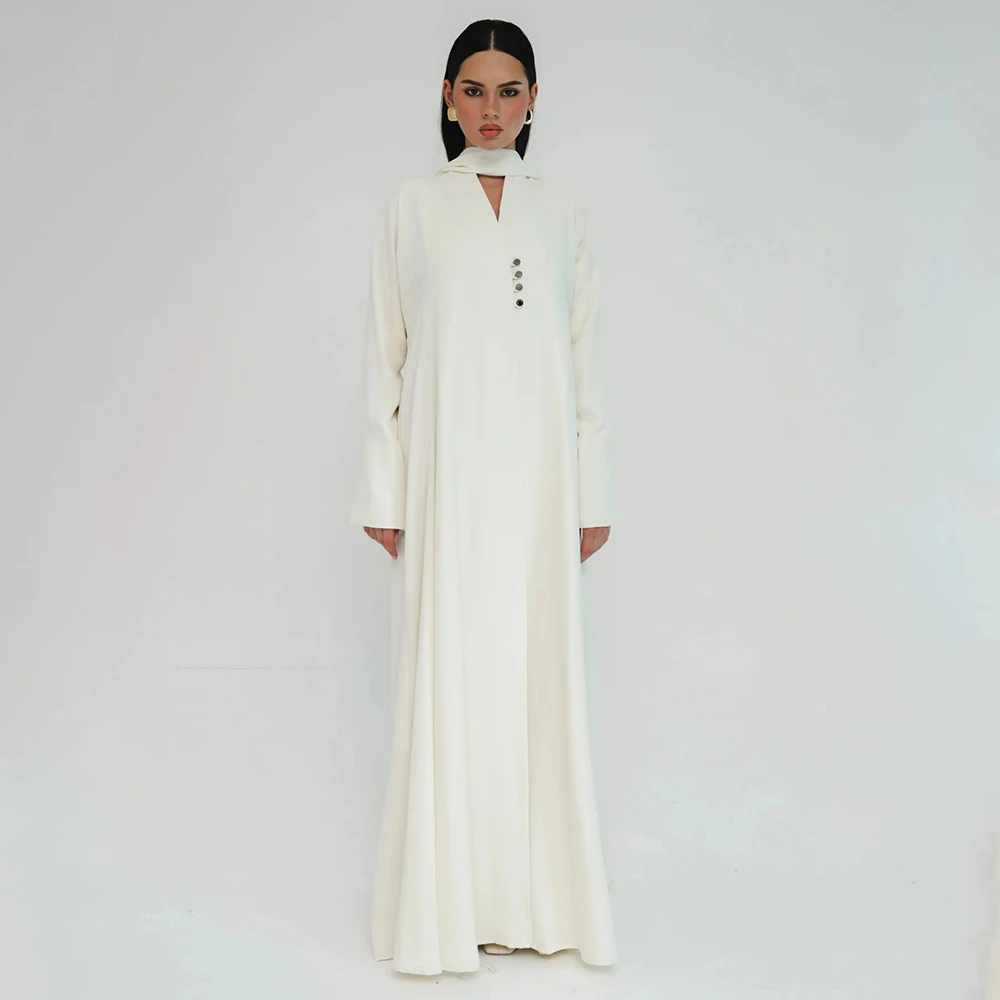 

Customize Muslin Woman's Abaya Long Full Sleeves V Neck A Line Buttons Ivory Jacket 2026