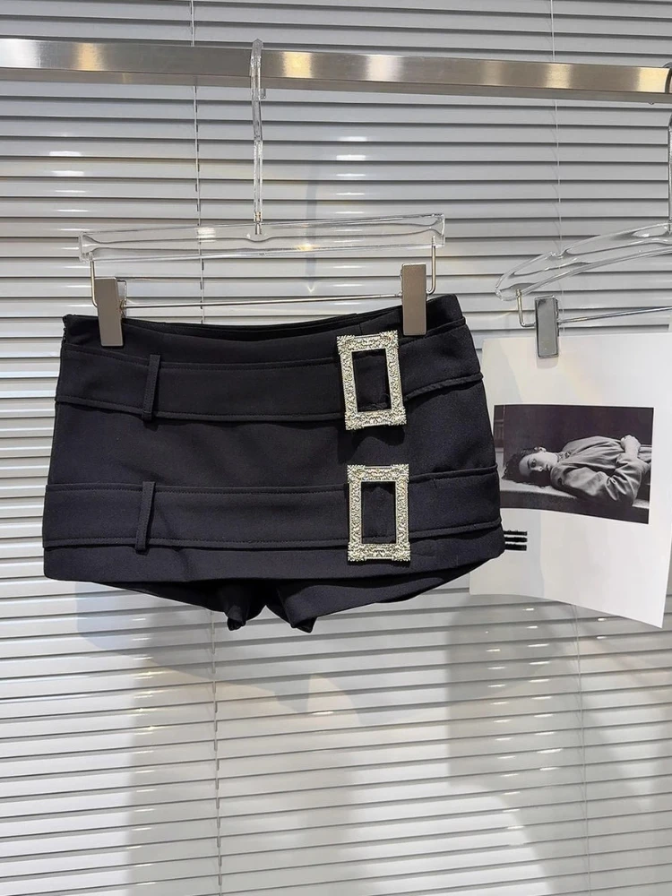 

Spicy Girls Double Belt Black Mini Skirt Shorts 2025 Summer Sexy High Waist Slim Fit A-line Skirts Elegant Skort