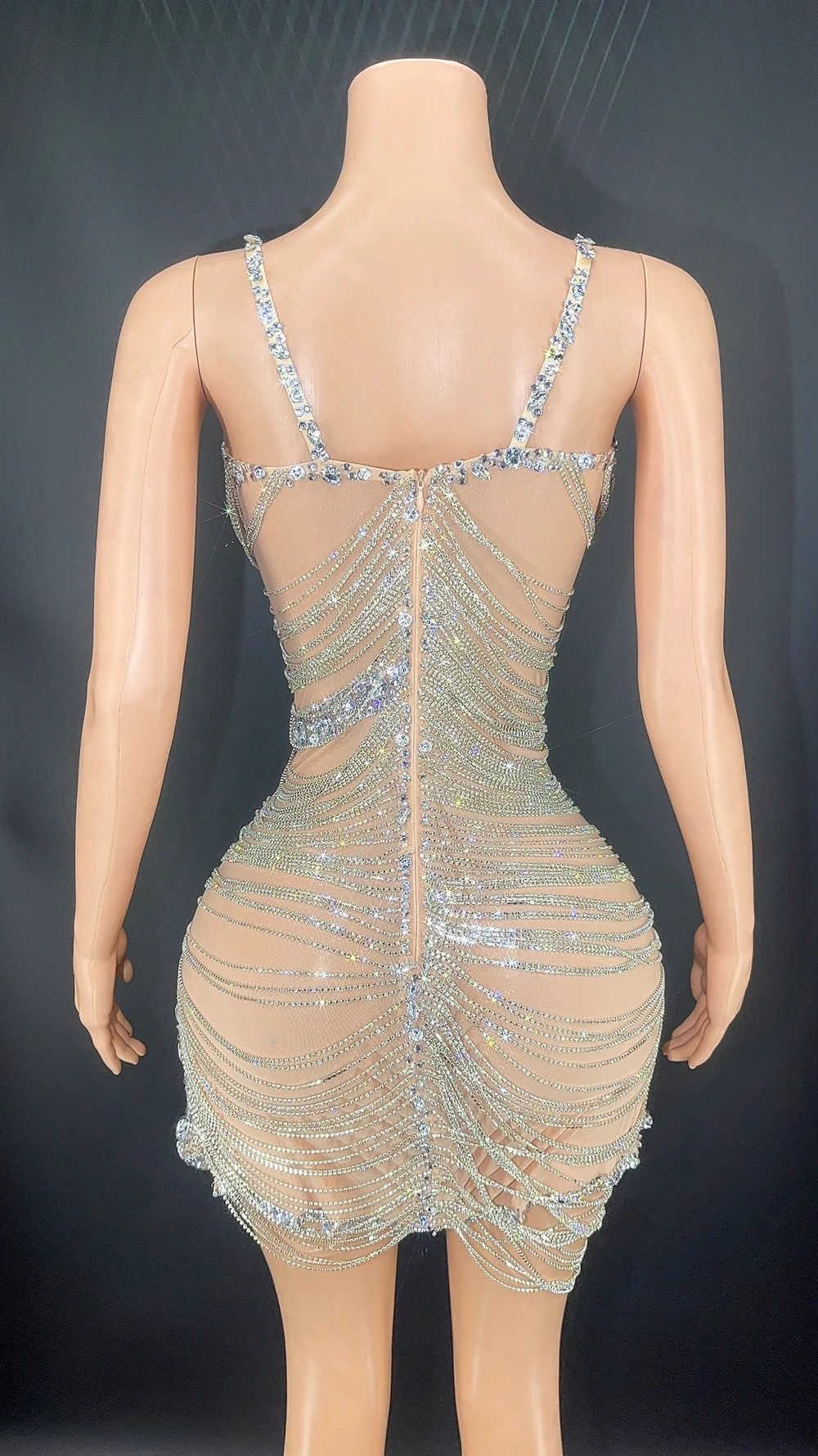 Funkelnde Strass ketten Ketten V-Ausschnitt Bodycon Sommer kurzes Kleid sexy Mesh transparent Geburtstag Abend Promi Kleid Bühnen kleidung