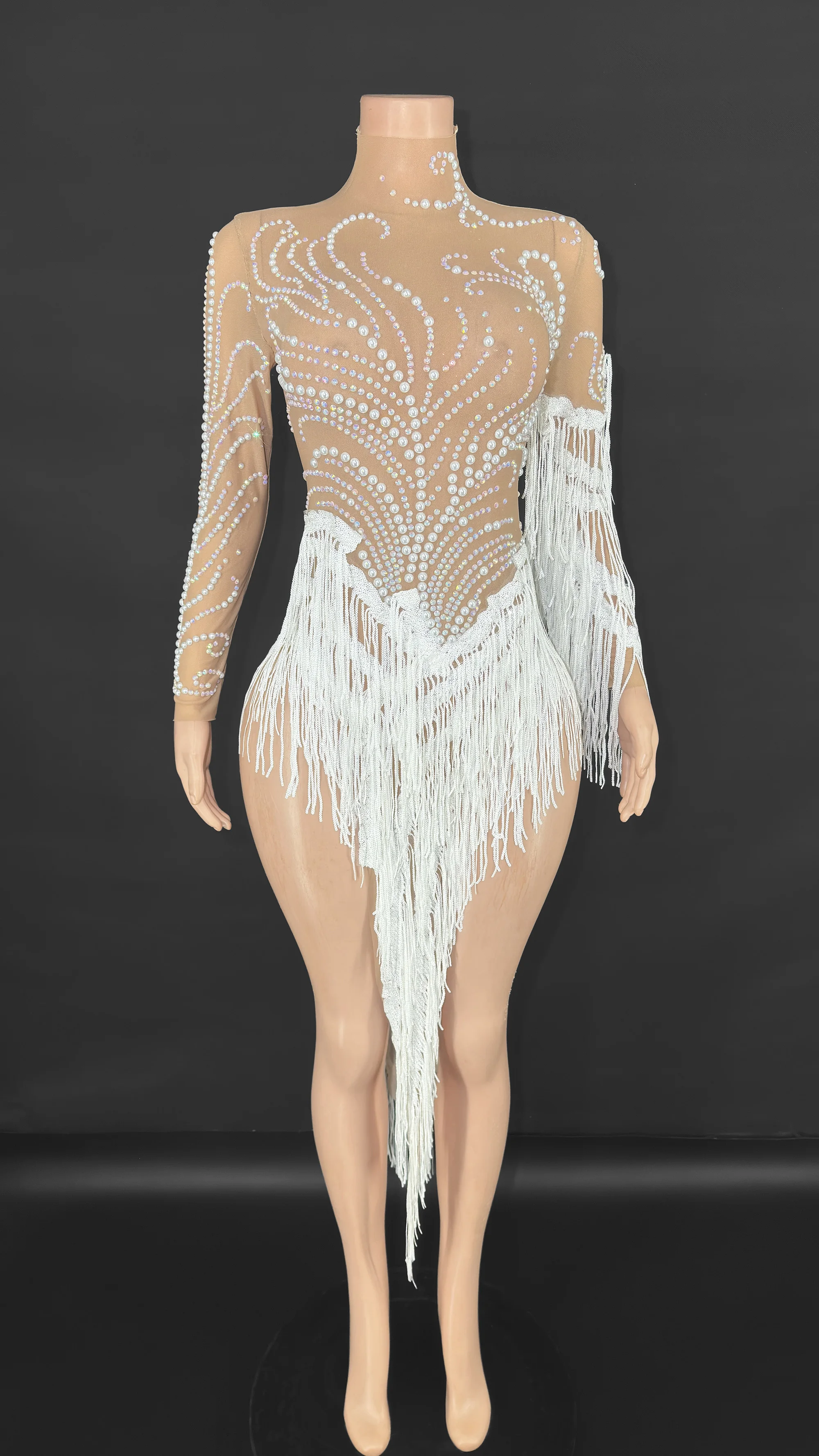 ZD Luxus-Body mit Strass-Fransen – glitzerndes, durchsichtiges Mesh-Tanzoutfit für Bühne und Auftritte