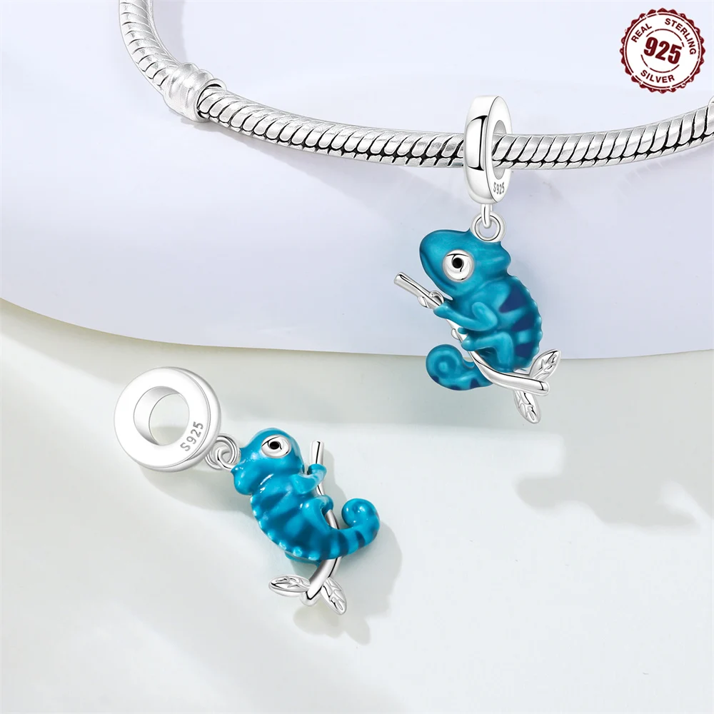 Temperature Color Changing Chameleon Dangle Charm 925 Sterling Silver Enamel Lizard Bead Fit Chain Bracelet DIY Jewelry Gift