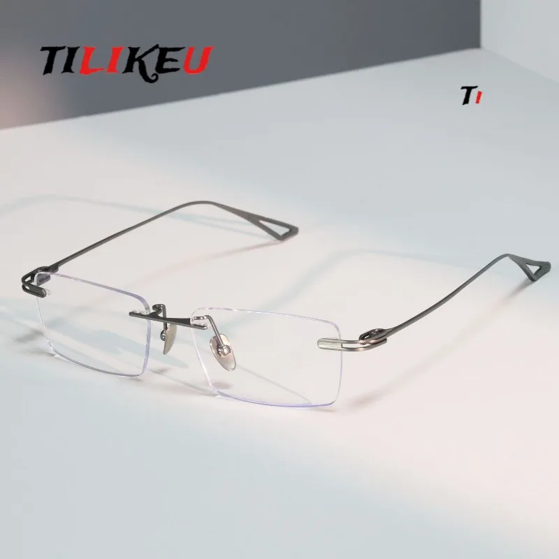 Men's Business Pure Titanium Square Rimless Glasses Frame Japanese Simple Anti Blue Light Prescription Frameless Eyewear for Men
