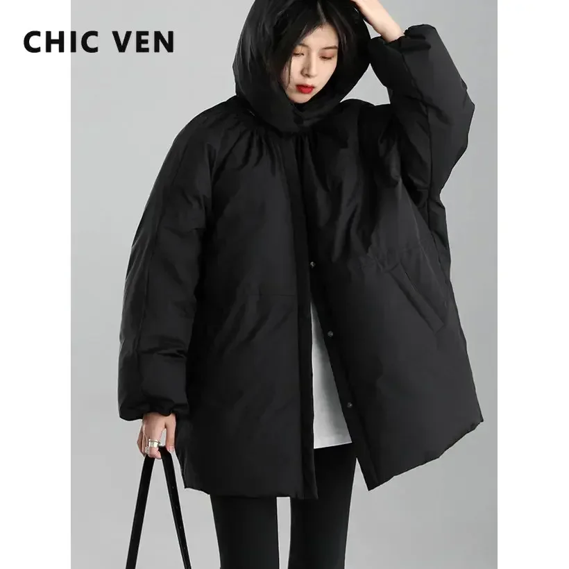 CHIC VEN Women's Down Coats Solid Loose Hooded Cloak Down Jacket Mid-length Female Quilted Coat Autumn Winter 2024