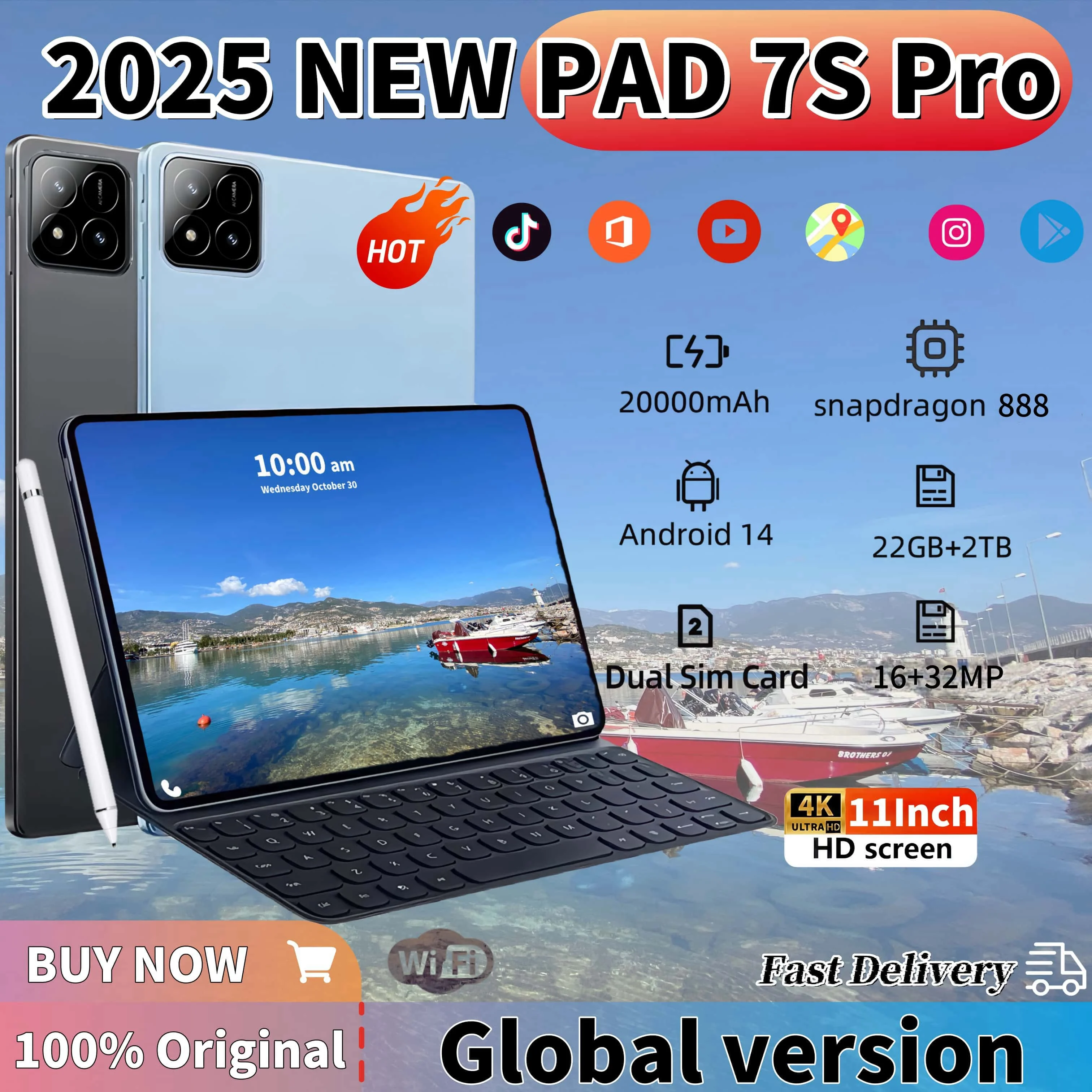 2025 nowy oryginalny PAD 7S Pro Android 14 Snapdragon 8 gen2 tablety 20000mAh 11 Cal HD 22GB + 2TB 5G Dual SIM Tablet z Wifi PC