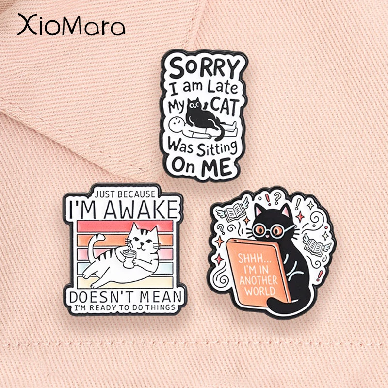 Cute Cat Animal Enamel Pins Funny Lazy Kitten Drinking Coffee Introvert Kitty My Cat Was Sitting On Me Brooch Badge Jewelry Gift