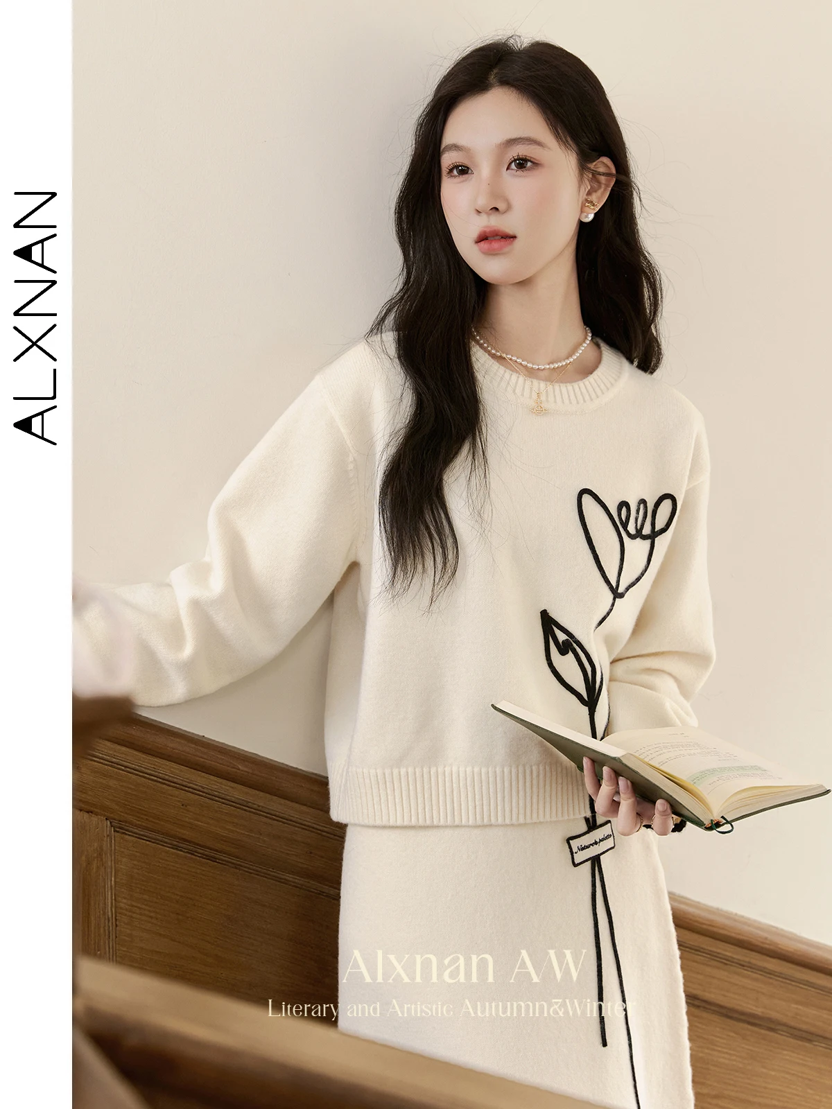 ALXNAN 여성용 살구색 스웨터 3D 튤립 자수 스웨터 크루넥 풀오버 2026 봄 캐주얼 긴팔 점퍼 L50912