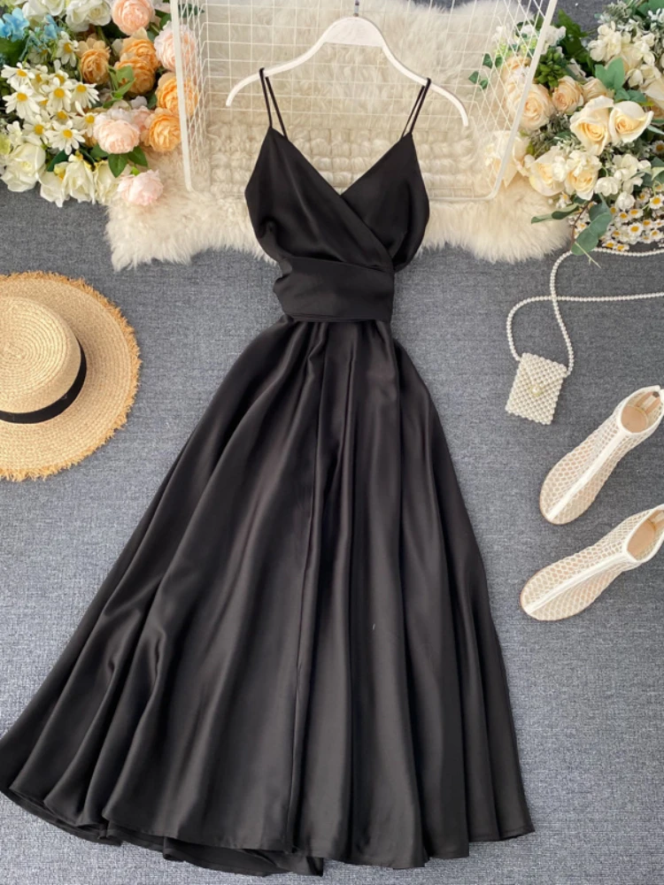 Elegant Beach Long Dress Women Summer Backless Bandage Satin Sexy Party Dresses Vintage Spaghetti Strap Long Robe Vestidos