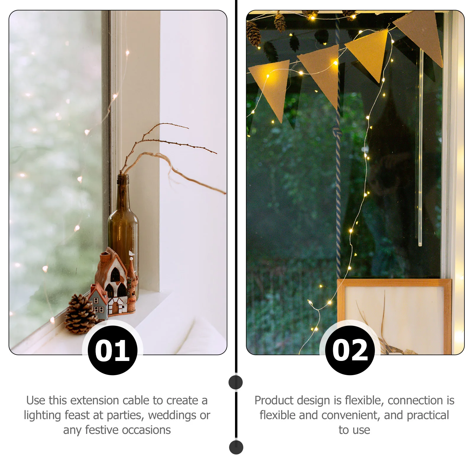 

2Pcs Extended String Light Accessory Weather-Resistant Plug Cable for Curtain Lamps Indoor Outdoor Party Layout Prop