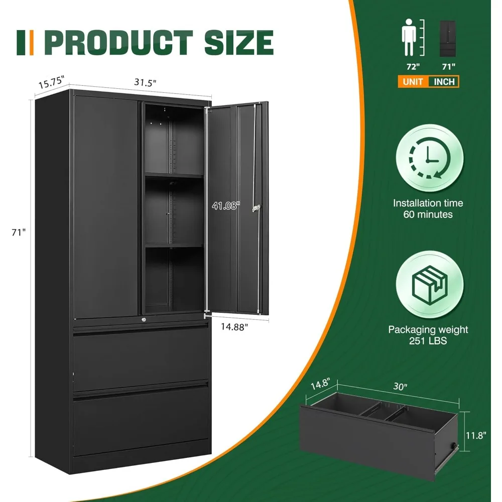 خزانة تخزين معدنية للمكتب المنزلي، خزانة ملفات ذات درجين مع أرفف وقفل قابلة للتعديل، مناسبة للحجم القانوني/الحروف