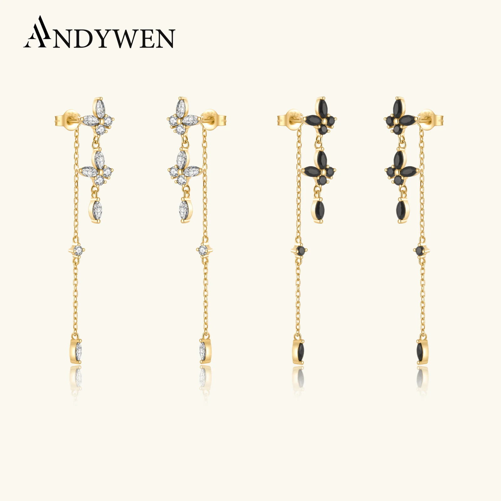 ANDYWEN 925 Sterling Silver Gold Clear Butterfly Zircon Chain Drop Earring Fine Jewelry Rock Punk Fashion Crystal Clips Wedding
