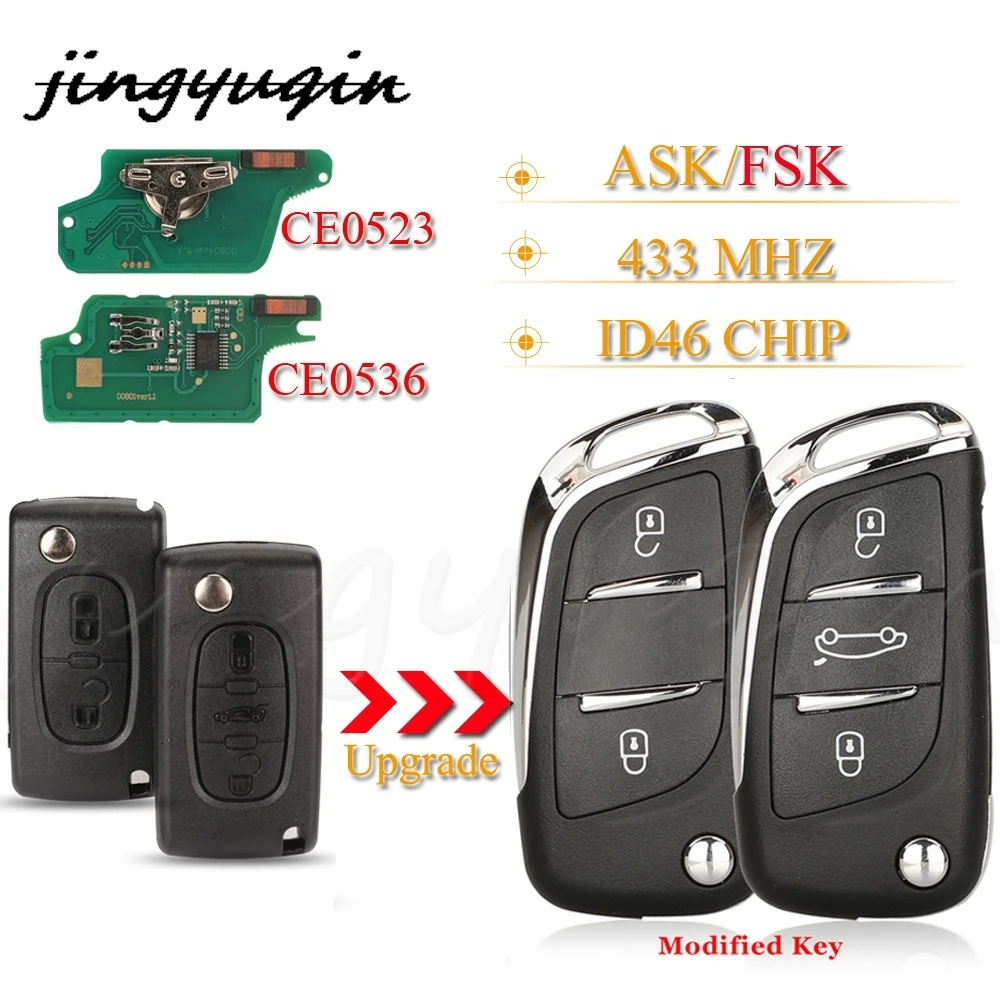 

jingyuqin Modified Flip Remote Car Key ASK/FSK 433Mhz ID46 For Peugeot 207 308 307 407 607 807 For Citroen C2 C3 C4 Ce0536/0523