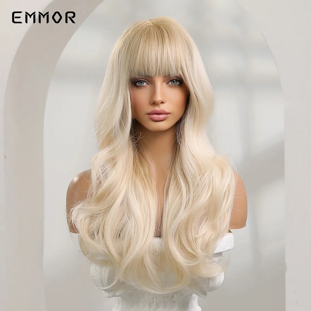 Emmor Synthetic Ombre Blonde Platinum Wigs Long Wavy Wig for Women with Bangs Party Daily Heat Resistant Fibre Hair Wigs