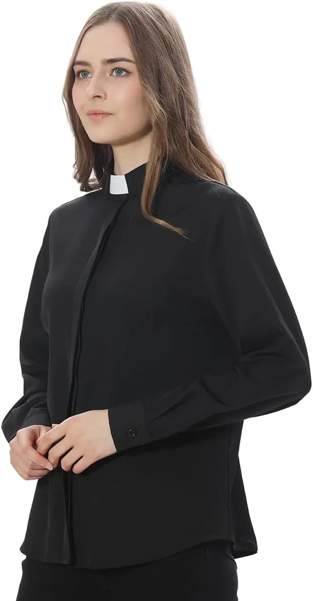 Camisa Priest Clergy para mulheres Pastor Tab Collar Lady Button Front Clerical Camisa de manga comprida