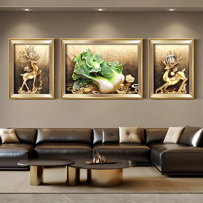 Living Room Decoration Painting Fortune Deer Chinese Cabbage Decoration Mural Sofa Background Wall Hanging Painting Wall Art