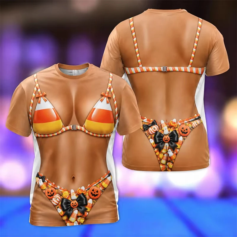 Unisex Halloween 3D Fake Bikini Body Print T‑Shirt, Funny Illusion Tee Candy Ghost Skull Black Cat Spider Tops for Men Women - view 5