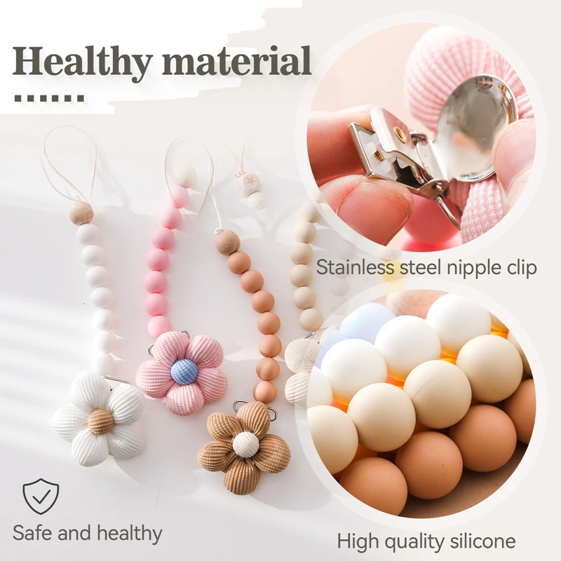 Baby Pacifier Clip Chain Newborn Silicone Flower Crochet Wooden Bead Dummy Nipple Clip Infant Safe Teething Soother Pendant Toys