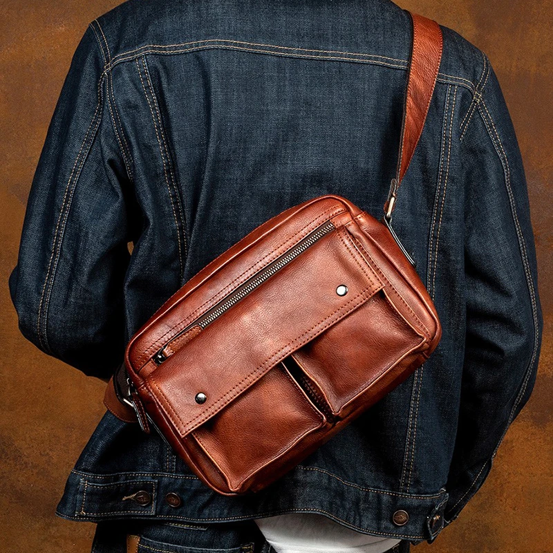 Retro vegetable tanned leather shoulder bag men's leather messenger bag leisure Korean men's bag small backpack