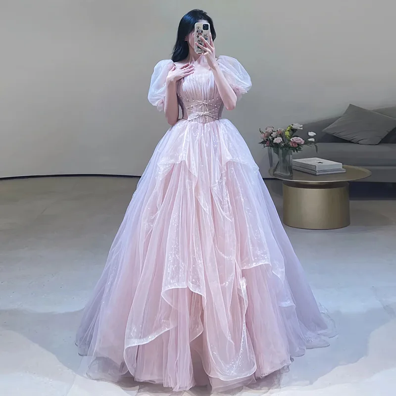 Princess Prom Dresses Off the Shoulder Boat Neck Empire Beading Pearl Puff Sleeve Floor Length Pearl Woman Prom Party Gowns New