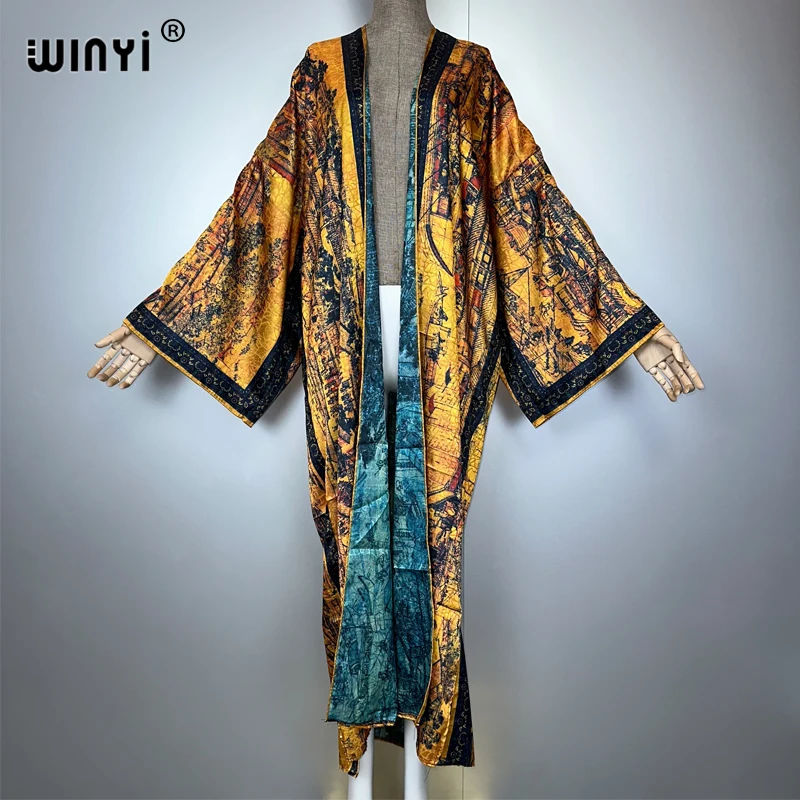 عباية WINYI عالية الجودة مطبوعة على الوجهين في دبي فستان فاخر لتغطية الشاطئ سترة أنيقة ومثيرة للعطلات بأكمام طويلة كيمونو