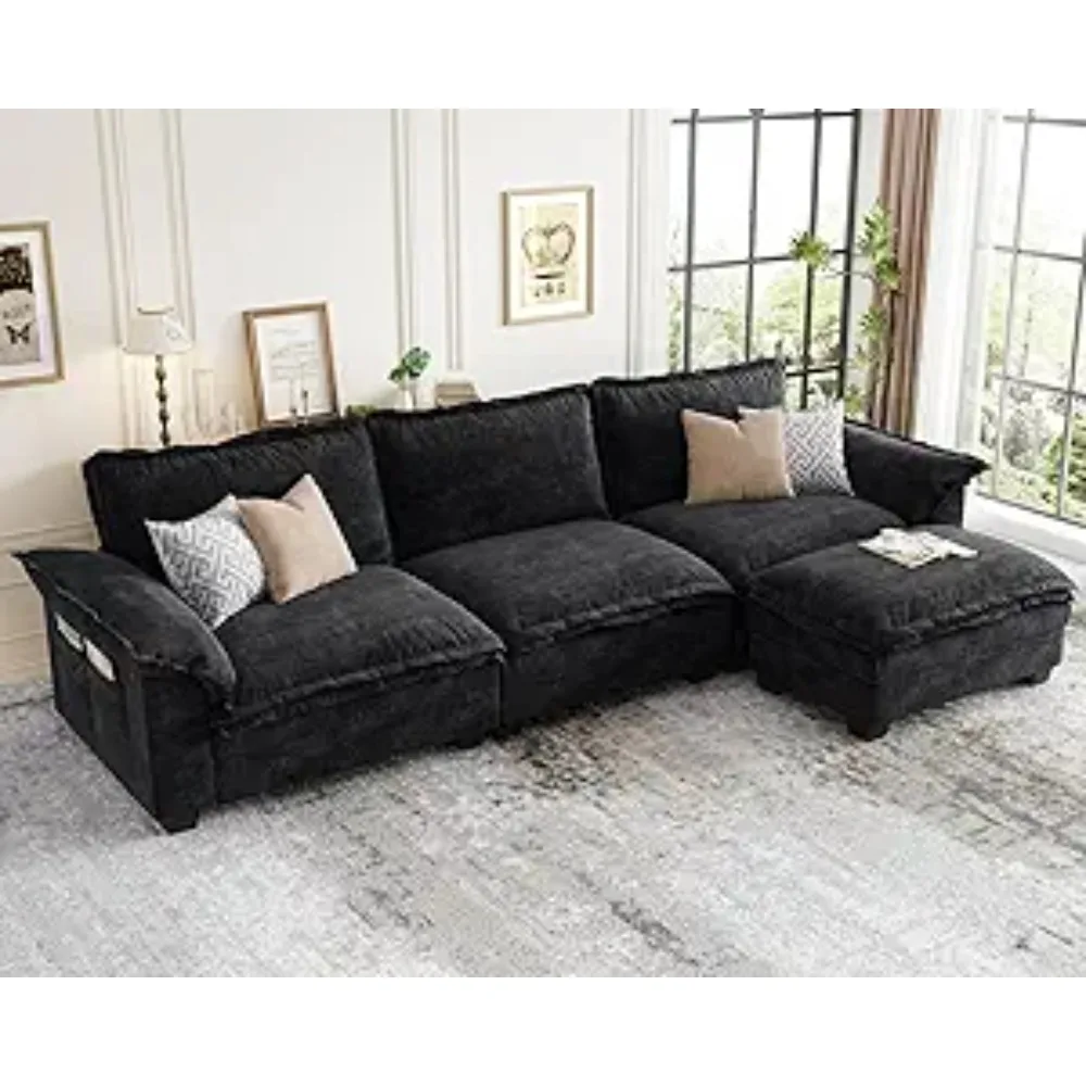 أريكة مقطعية مقاس 123 بوصة على شكل حرف L، أريكة سحابية مكونة من 4 مقاعد مع مسند، أرائك مقطعية من الشنيل لغرفة المعيشة