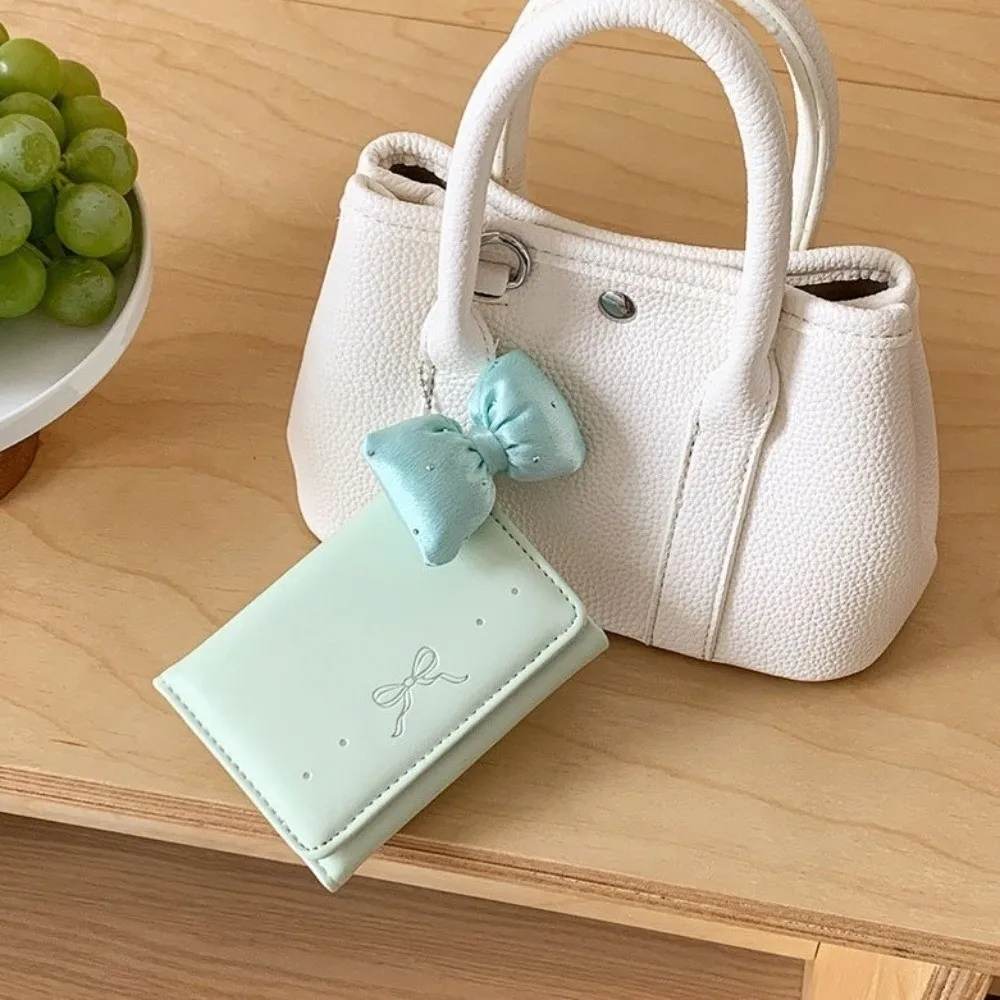 Cute Foldable Pendant Bow Wallet Korean Style Multi-functional Short Wallet PU Leather Solid Color Coin Purse Girls