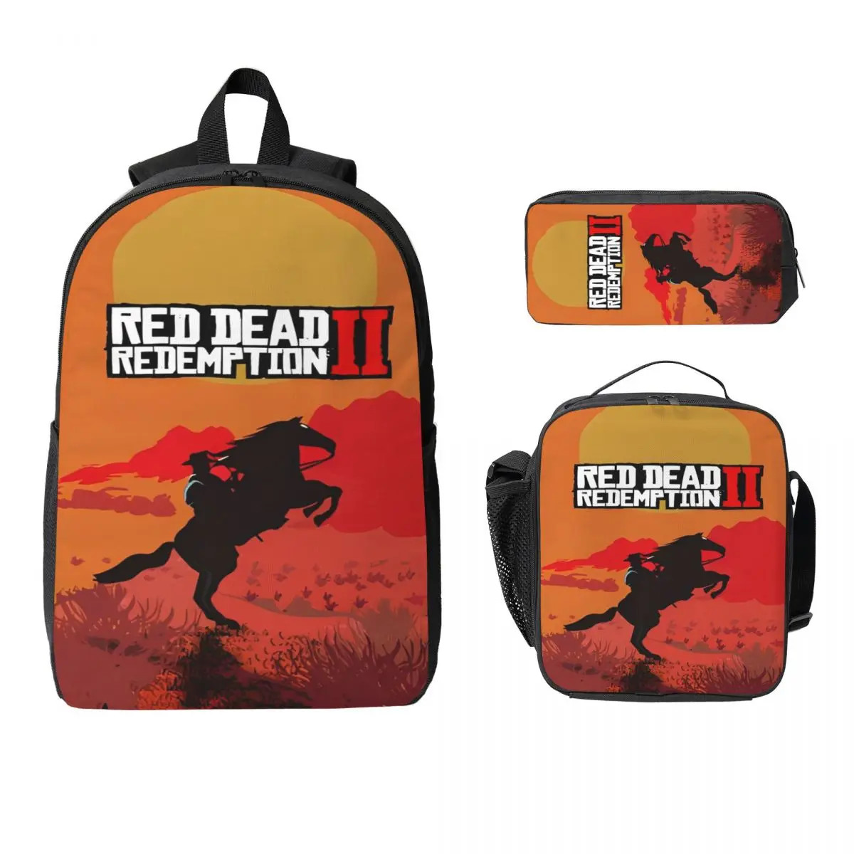 3Pcs Red Dead Redemptions Prints Backpack Set for Girls Boys Pen Bags Bookbag Sets with Lunch Box For School Students Knapsack