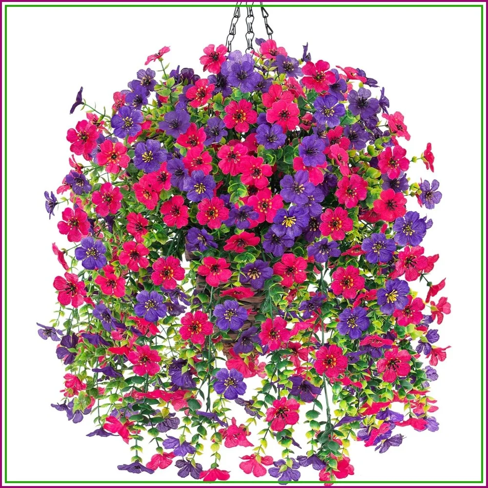 

Artificial Hanging Flowers Basket for Outdoor, Fake Faux Plants Look Real for Yard Gardens Porch Patio Home (Darkpurple+Hotpink)