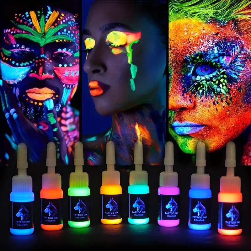 ชุดหมึกสักเรืองแสง 8 สี 15 มล. (1/2 ออนซ์) สำหรับแฟชั่นที่มีสีสันเรืองแสงศิลปะบนร่างกายเรืองแสงผลผ้าใบมนุษย์