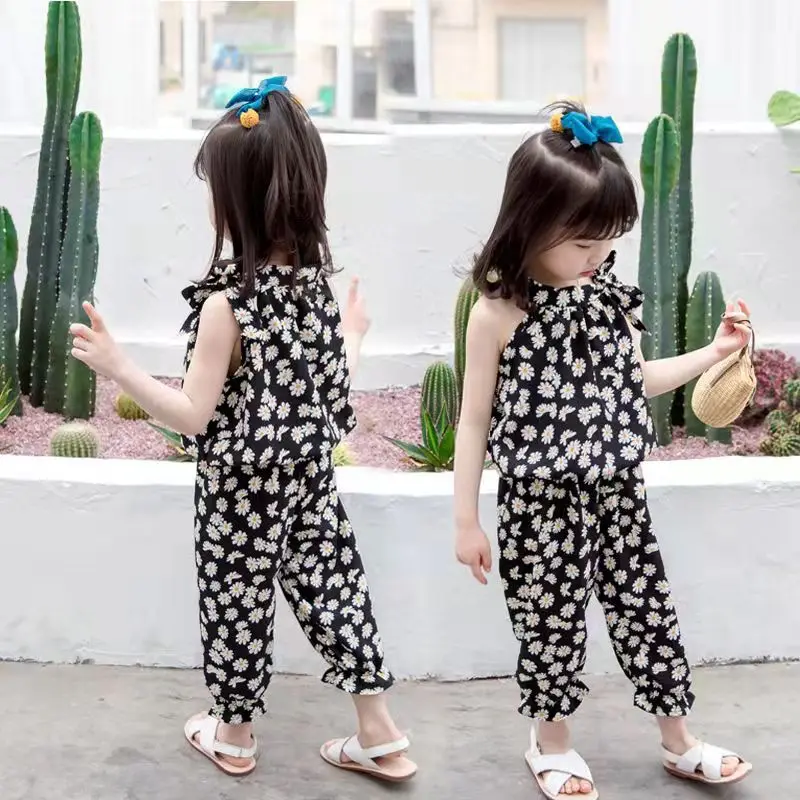 Pants Suit Children Casual Loungewear 2Pcs Baby Girls Clothing Sets Summer Sleeveless Flower Kids Girls Clothes Chiffon Shirts