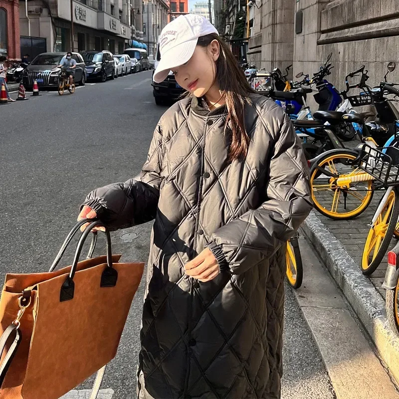Long Over Knee Loose Jacket Diamond Grid Quilted Jacket Fake Two-Piece Parka 2025 Autumn Winter New Down Cotton Jacket Women's